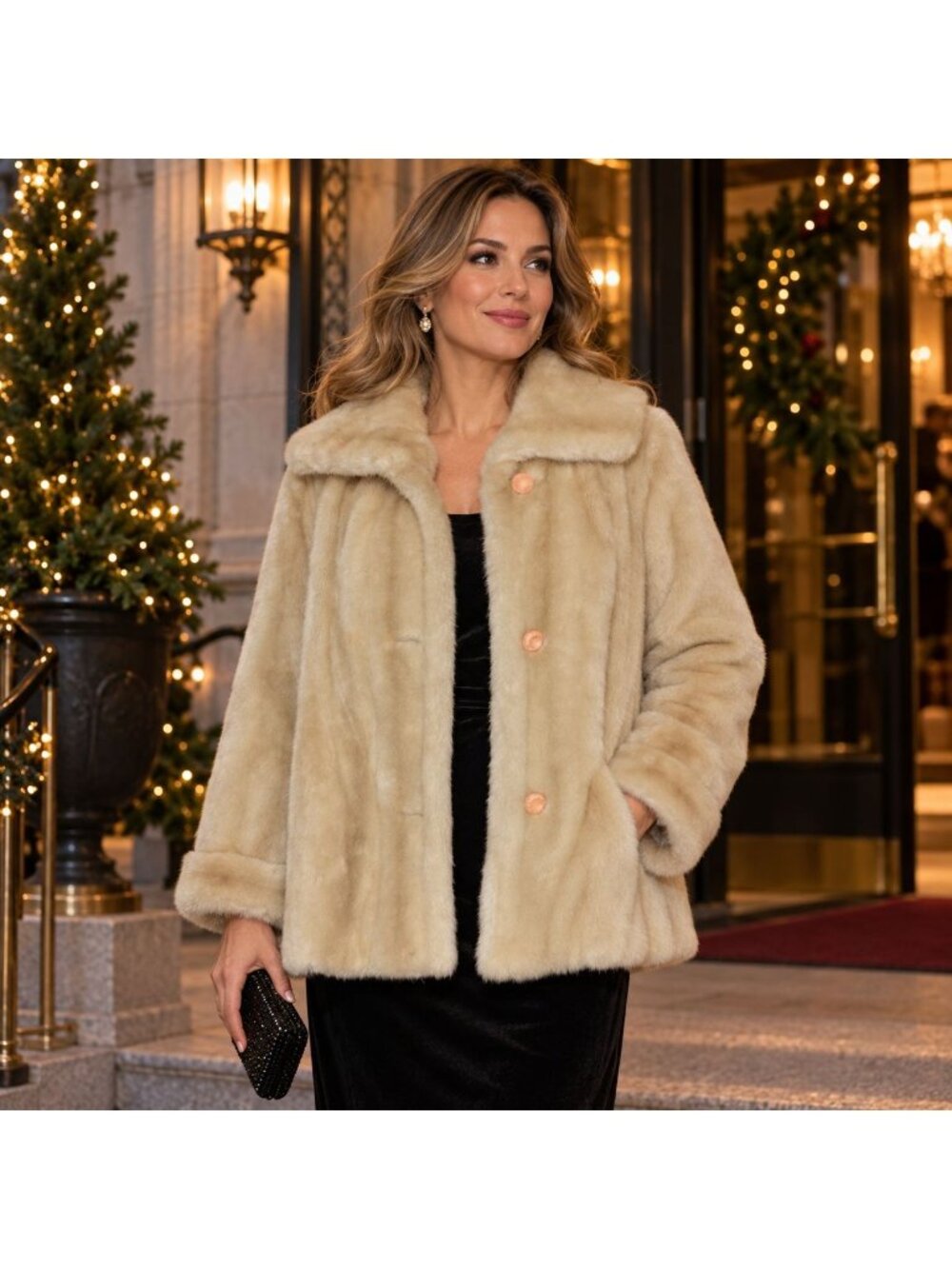 Vintage Dubrowsky & Joseph Faux Fur Coat Size 14 Cream Beige Plush Mod Jacket